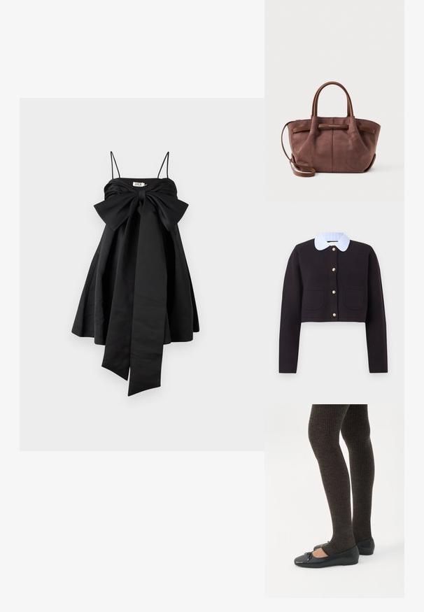 Musta lyhyt neuletakki, jossa pitkät hihat, kultaiset napit, kaksi etutaskua ja sinivalkoraitainen kaulus.; AMUR ROSE BABY DOLL DRESS - Juhlamekko - black; Jalat, joissa tummat ribbineuleiset leggingsit yhdistettynä mustiin balettitossuihin, joissa on pienet rusettikoristeet valkoisella taustalla.; Ruskea mokkanahkainen käsilaukku, jossa on kaksinkertaiset kahvat ja irrotettava olkahihna. Laukussa on sileä pinta ja pieni logotieto edessä.