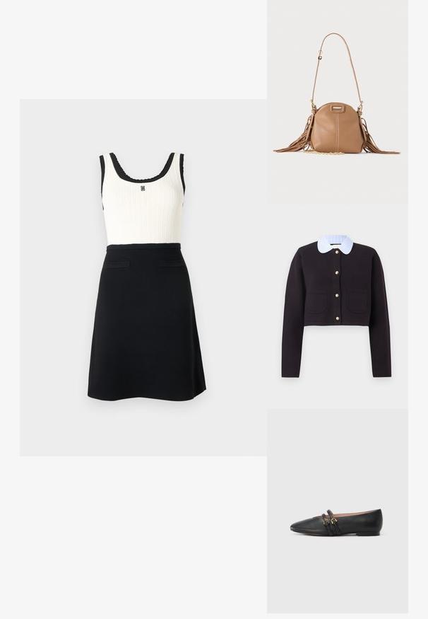Cardigan noir court à manches longues, boutons dorés, deux poches avant, et col rayé bleu et blanc.; Robe sans manches noire et blanche avec haut blanc côtelé, bordure noire, emblème décoratif sur la poitrine, et jupe trapèze noire unie avec deux poches avant.; Chaussures plates en cuir noir avec un bout pointu, dotées de deux brides noires avec des accents en métal doré. Texture lisse et talon bas.; Petit sac à bandoulière en cuir fauve avec longue bandoulière, détail chaîne dorée et franges des deux côtés sur un fond neutre.