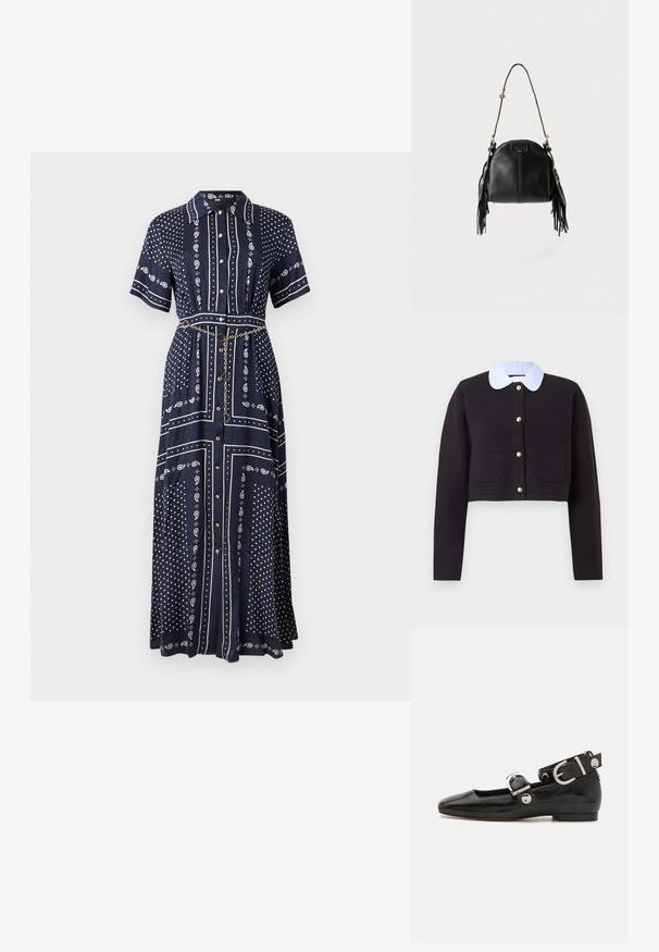 Cardigan noir court à manches longues, boutons dorés, deux poches avant, et col rayé bleu et blanc.; Robe longue bleu marine à manches courtes, motifs cachemire et points blancs, boutons à l'avant, col, et une fine ceinture chaîne dorée à la taille.; Ballerine en cuir verni noir avec un bout carré, sangle de cheville avec des détails en métal argenté et semelle plate. Texture lisse avec un design minimaliste.; Sac à main en cuir noir avec une forme courbée, une longue bandoulière réglable et des franges de chaque côté sur un fond clair.