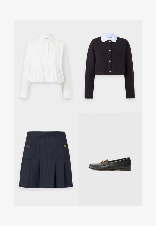 Cardigan noir court à manches longues, boutons dorés, deux poches avant, et col rayé bleu et blanc.; Blouse blanche à manches longues avec taille plissée, col classique, fermeture par un seul bouton supérieur et boutons avant dissimulés.; Jupe à rayures bleu marine foncé avec des plis à l'avant et deux poches à rabat ornées de boutons dorés de chaque côté.; Mocassins en cuir noir avec un bout cousu, un talon bas et un emblème doré décoratif à l'avant. Texture lisse, design classique.