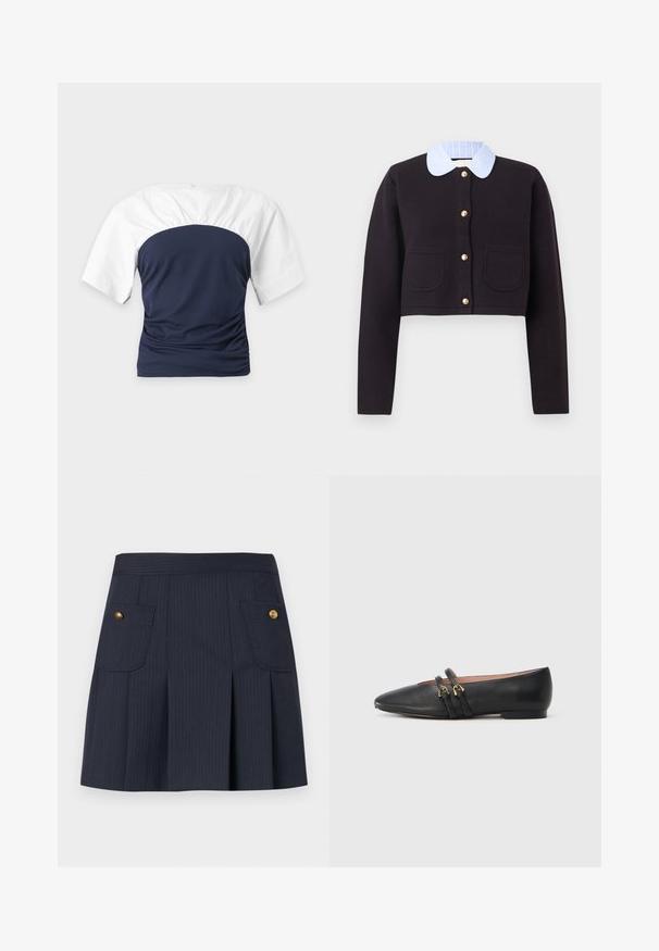 Cardigan noir court à manches longues, boutons dorés, deux poches avant, et col rayé bleu et blanc.; Chemise à manches courtes avec manches blanches et corsage bleu marine ajusté, vue de dos sur un fond clair uni.; Jupe à rayures bleu marine foncé avec des plis à l'avant et deux poches à rabat ornées de boutons dorés de chaque côté.; Chaussures plates en cuir noir avec un bout pointu, dotées de deux brides noires avec des accents en métal doré. Texture lisse et talon bas.