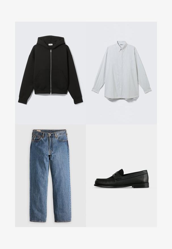 Sudadera negra con cremallera, capucha unida y bolsillos delanteros tipo canguro, extendida sobre un fondo claro.; Camisa blanca de manga larga con botones, con finas rayas negras verticales y un bolsillo en el pecho, mostrada extendida sobre un fondo claro.; Jeans de mezclilla azul con un corte recto, que cuentan con una cintura alta, remaches de cobre y costuras naranjas. Incluyen bolsillos delanteros y traseros.; Mocasín penny de cuero negro con superficie texturizada, tacón bajo y una correa sobre la parte superior, mostrado de perfil sobre un fondo liso.