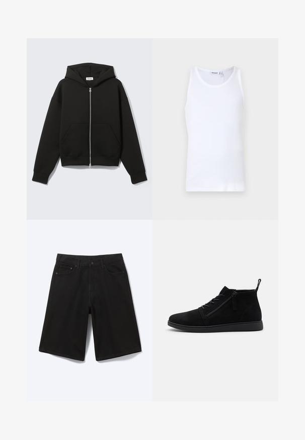Sudadera negra con cremallera, capucha unida y bolsillos delanteros tipo canguro, extendida sobre un fondo claro.; Top sin mangas de algodón blanco con cuello redondo y tirantes anchos. Textura suave, sin patrones, diseño limpio y etiqueta de marca en el escote.; Pantalones cortos vaqueros negros hasta la rodilla con botón frontal, trabillas para cinturón y cinco bolsillos, mostrados sobre un fondo blanco.; Las botas de tobillo de ante negro cuentan con una punta redondeada, cordones frontales y una cremallera lateral. La suela es plana con un acabado texturizado para un mejor agarre.