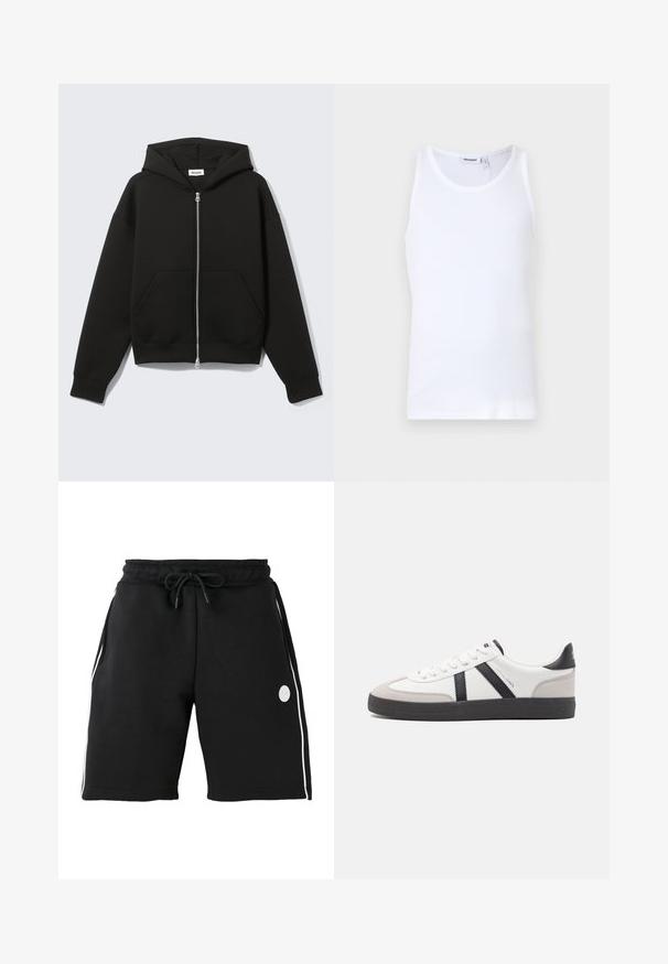Sort lynlås-hoodie med fastgjort hætte og forreste kængurulommer, lagt fladt på en lys baggrund.; Hvid bomulds tanktop med rund hals og brede stropper. Glat tekstur, ingen mønstre, enkelt design og mærkeetiket på halsudskæringen.; Sorte knælange shorts med elastisk linning og snøre, hvide verticale sidestriber og lille rundt logo på venstre lår.; Hvide sneakers med sorte og grå detaljer, med en tekstureret grå tåhætte, sort gummisål og flade hvide snørebånd. Rent design, minimalistisk stil.
