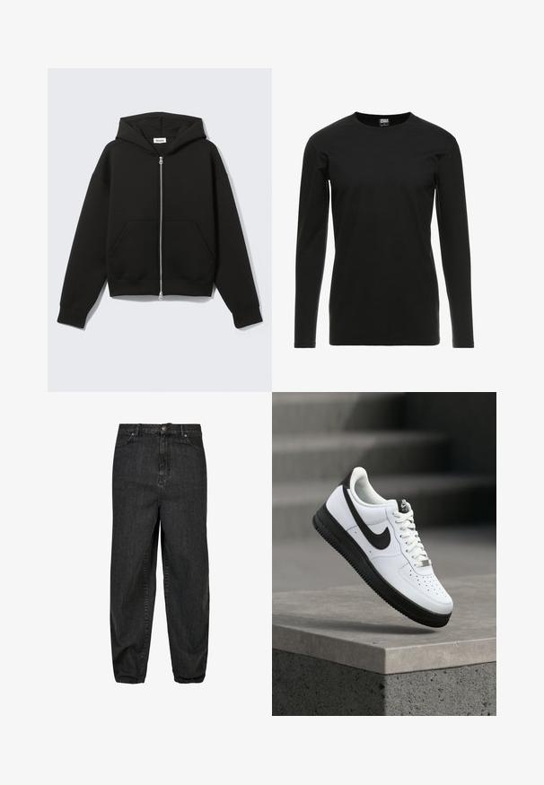 Sudadera negra con cremallera, capucha unida y bolsillos delanteros tipo canguro, extendida sobre un fondo claro.; Urban Classics STRETCH TERRY - Camiseta de manga larga - black; Jeans de mezclilla negra con un corte relajado, que cuentan con un cierre frontal de botón, cinco bolsillos y detalles de desgaste sutiles en la tela.; Zapatilla deportiva de cuero blanco con detalles en negro, punta redondeada y detalles perforados. Suela de goma negra con patrón texturizado y cierre de cordones.