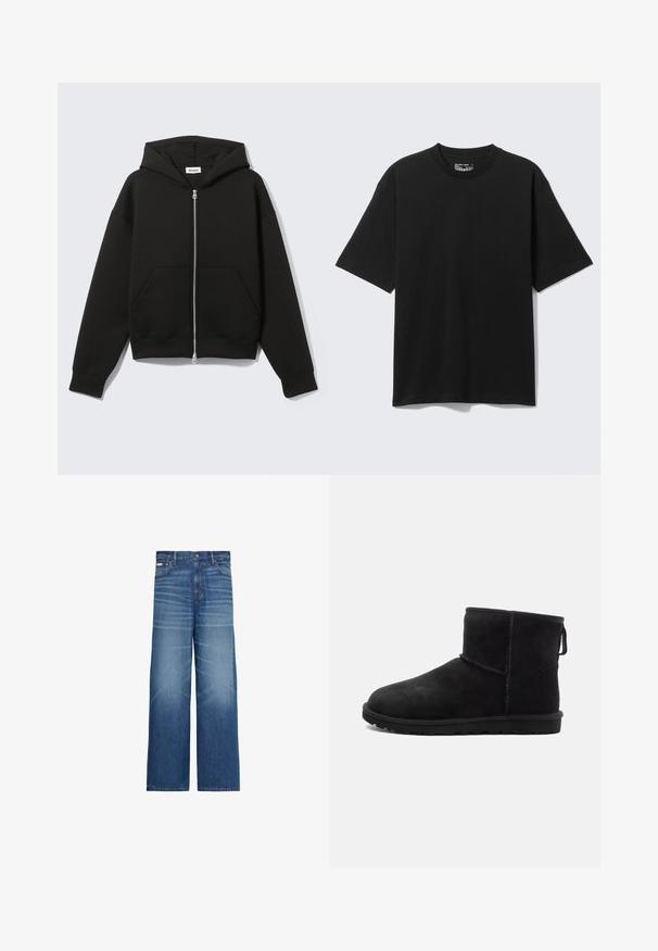 Zwarte hoodie met rits, vastgenaadde kap en voorzakken in kangoeroestijl, plat uitgespreid op een lichte achtergrond.; Zwart katoenen T-shirt met korte mouwen en een losse pasvorm, met ronde hals, afgebeeld tegen een effen lichte achtergrond.; Blauwe wijde jeans met vervaagde details, vijf zakken en een knoopsluiting in de taille.; Zwarte suède enkellaarsjes met ronde neus, minimale stikdetails, een lusje om aan te trekken en een gestructureerde rubberen zool. Ontworpen voor warmte en comfort.