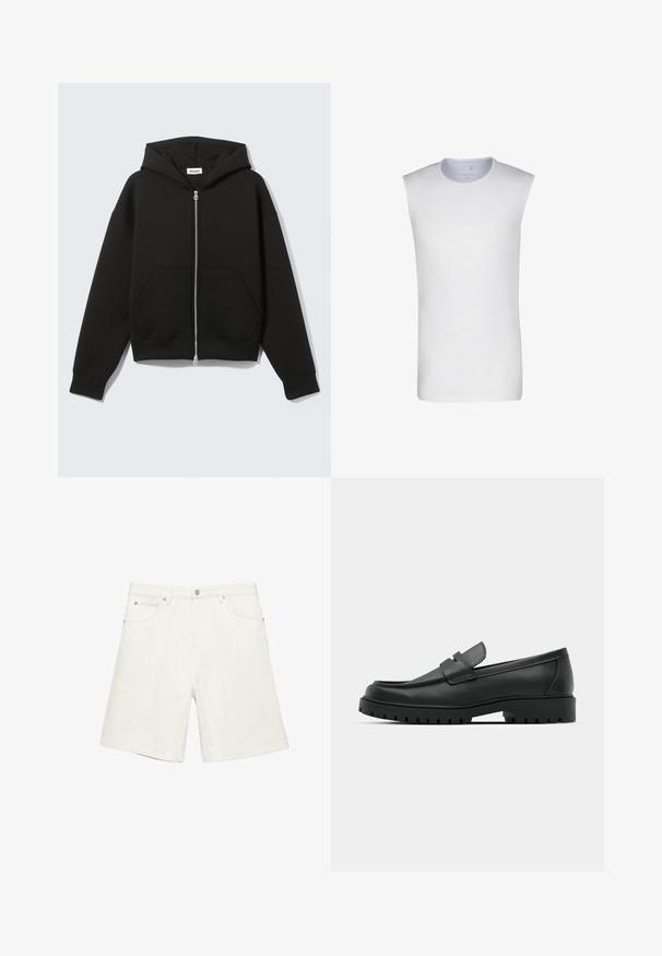 Sweat à capuche zippé noir avec capuche fixée et poches kangourou devant, posé à plat sur un fond clair.; T-shirt sans manches blanc en coton doux, avec un col rond et une coupe droite. Design minimaliste, sans motifs ni accents.; Short en denim blanc avec bouton et fermeture éclair à l'avant, deux poches avant et deux poches arrière, avec détails à rivets sur les poches.; Mocassins en cuir noir à bout arrondi, avec un design cousu, une semelle plateforme basse et une semelle en caoutchouc texturée et crantée.