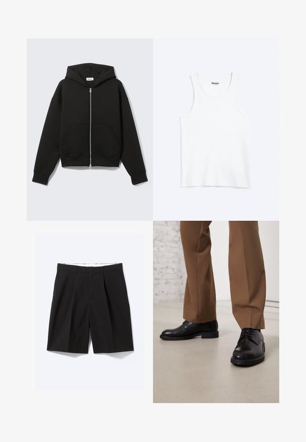 Sweat à capuche zippé noir avec capuche fixée et poches kangourou devant, posé à plat sur un fond clair.; Débardeur blanc sans manches avec col rond et étiquette de la marque Weekday à l'intérieur du col arrière, présenté à plat sur un fond clair.; Shorts noirs sur mesure longueur genou avec passants de ceinture, poches latérales, fermeture par boutons et plis devant, posés à plat sur fond blanc.; Chaussures en cuir noir avec une surface lisse et un bout arrondi, dotées d'un système de laçage et d'une semelle plate et basse. Associées à un pantalon marron.