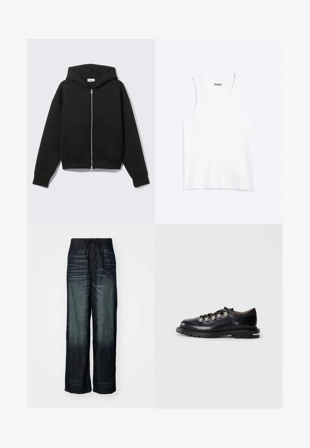 Zwarte hoodie met rits, vastgenaadde kap en voorzakken in kangoeroestijl, plat uitgespreid op een lichte achtergrond.; Wit mouwloos hemdje met ronde hals en Weekday-merklabel aan de binnenkant van de achterkraag, plat weergegeven op een lichte achtergrond.; Wijdvallende broek van donker denim met een geleidelijke vervaging. Heeft een elastische tailleband met een trekkoord. Gladde textuur met subtiele slijtagepatronen.; Zwarte leren lage schoen met dikke zool, metalen oogjes, decoratieve zilveren charmes aan de veters en een gestructureerde loopzool.