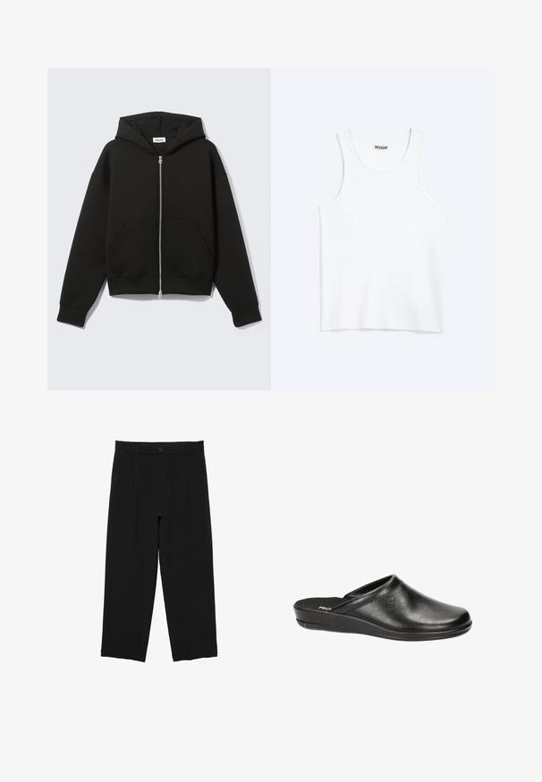 Zwarte hoodie met rits, vastgenaadde kap en voorzakken in kangoeroestijl, plat uitgespreid op een lichte achtergrond.; Wit mouwloos hemdje met ronde hals en Weekday-merklabel aan de binnenkant van de achterkraag, plat weergegeven op een lichte achtergrond.; Zwarte broek met brede pijpen, riemlussen, voorste knoop en geplooid ontwerp, weergegeven tegen een witte achtergrond.; Zwarte leren klompen met een ronde neus, lage hak en instapontwerp. Kenmerkt zich door een gladde textuur en subtiele stikseldetails op de bovenkant.