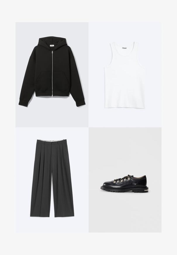 Sort lynlås-hoodie med fastgjort hætte og forreste kængurulommer, lagt fladt på en lys baggrund.; Hvid ærmeløs tanktop med rund halsudskæring og Weekday-mærke på den indvendige baghals, vist fladt på lys baggrund.; Mørkegrå bukser med vide ben og diskrete nålestriber, for-ploer, bæltestropper og knaplukning, lagt fladt på en lys baggrund.; Sorte læder lavskårne sko med tyk sål, metaløjer, dekorative sølv charms på snørebåndene, og tekstureret mønster på sålen.