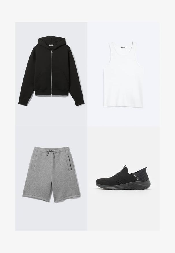 Schwarzer Zip-Hoodie mit angenähter Kapuze und vorderen Kängurutaschen, flach auf hellem Hintergrund liegend.; Weißes ärmelloses Tanktop mit rundem Ausschnitt und Weekday-Markenetikett auf der Innenseite des hinteren Kragens, flach auf hellem Hintergrund dargestellt.; Hellgraue Freizeithosen mit verstellbarem Kordelzugbund und zwei vertikalen Seitentaschen auf einfarbigem Hintergrund.; Schwarze Slipper mit einem atmungsaktiven Mesh-Obermaterial, strukturiertem Design, flexibler Sohle und einem glatten, gepolsterten Fußbett.