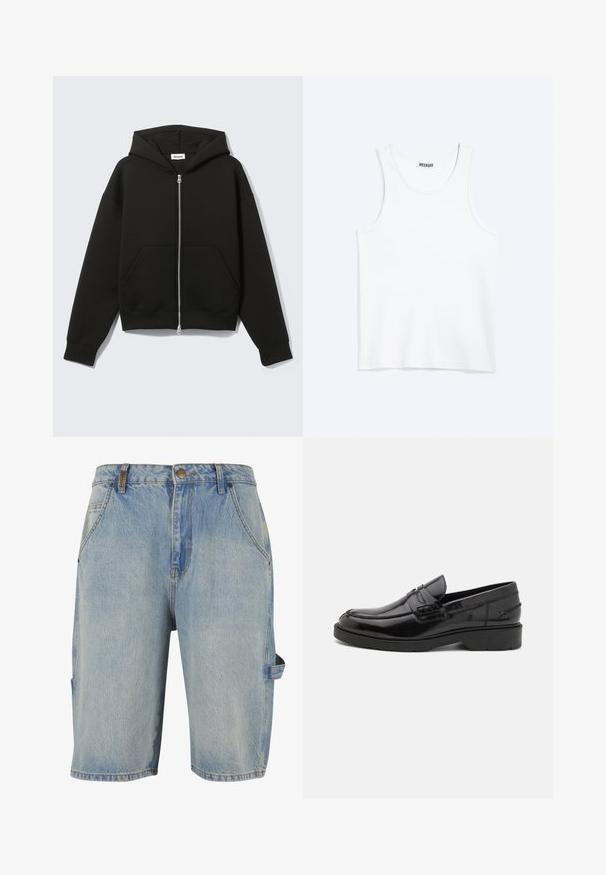 Schwarzer Zip-Hoodie mit angenähter Kapuze und vorderen Kängurutaschen, flach auf hellem Hintergrund liegend.; Weißes ärmelloses Tanktop mit rundem Ausschnitt und Weekday-Markenetikett auf der Innenseite des hinteren Kragens, flach auf hellem Hintergrund dargestellt.; Jeansshorts in Hellblau mit einem klassischen Fünf-Taschen-Design, sichtbaren Nähdetails und einer seitlichen Cargo-Tasche mit Schlaufe.; Schwarze Lederloafers mit glatter Oberfläche, abgerundetem Zehenbereich, niedrigem Absatz und dekorativer Naht entlang der Vorderseite. Gummisohle für guten Halt.