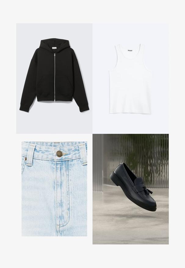 Sweat à capuche zippé noir avec capuche fixée et poches kangourou devant, posé à plat sur un fond clair.; Débardeur blanc sans manches avec col rond et étiquette de la marque Weekday à l'intérieur du col arrière, présenté à plat sur un fond clair.; Ceinture de jean en denim bleu clair avec bouton en métal, passants de ceinture et coutures visibles à l'avant.; Mocassins en cuir noir avec une texture lisse, un bout arrondi et des pampilles décoratives à l'avant. Semelle en caoutchouc flexible avec un petit talon.