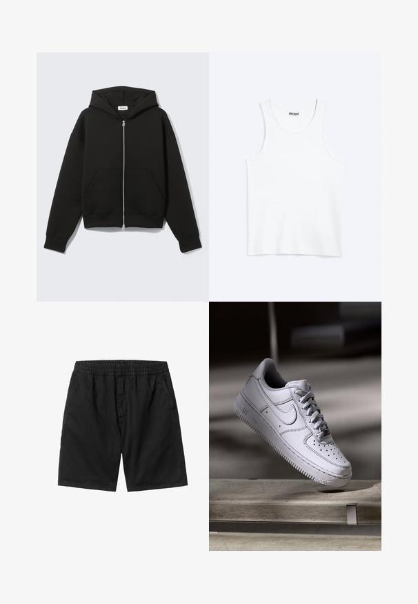 Sweat à capuche zippé noir avec capuche fixée et poches kangourou devant, posé à plat sur un fond clair.; Débardeur blanc sans manches avec col rond et étiquette de la marque Weekday à l'intérieur du col arrière, présenté à plat sur un fond clair.; Shorts noirs avec une taille élastique, des poches latérales et une coupe droite. Fabriqués à partir d'un tissu léger avec une texture lisse.; La basket Nike Air Force 1 en cuir blanc présente un embout perforé, des lacets plats et une semelle en caoutchouc texturée avec le logo « AIR » sur le côté.