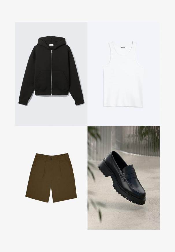 Sweat à capuche zippé noir avec capuche fixée et poches kangourou devant, posé à plat sur un fond clair.; Débardeur blanc sans manches avec col rond et étiquette de la marque Weekday à l'intérieur du col arrière, présenté à plat sur un fond clair.; Shorts plissés marron avec une taille plate, deux poches latérales et une fermeture à bouton. Le tissu semble léger avec une texture lisse.; Mocassins en cuir noir avec une semelle à crampons épaisse, dotés d'une sangle décorative et de détails de couture. Texture lisse avec une finition polie.