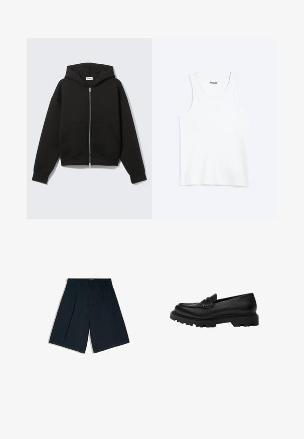 Sweat à capuche zippé noir avec capuche fixée et poches kangourou devant, posé à plat sur un fond clair.; Débardeur blanc sans manches avec col rond et étiquette de la marque Weekday à l'intérieur du col arrière, présenté à plat sur un fond clair.; Shorts noirs longueur genou avec passants de ceinture, plis sur le devant et une fermeture avant cachée, présentés sur un fond blanc.; Mocassin en cuir noir avec une semelle robuste et texturée. Présente un bord décoratif en couture et un petit talon pour un design contemporain.