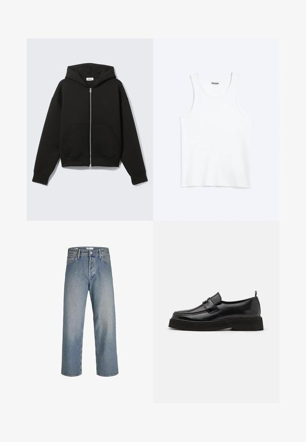 Sweat à capuche zippé noir avec capuche fixée et poches kangourou devant, posé à plat sur un fond clair.; Débardeur blanc sans manches avec col rond et étiquette de la marque Weekday à l'intérieur du col arrière, présenté à plat sur un fond clair.; Jean en denim bleu clair avec une coupe ample, taille haute et jambes droites. Dispose de poches avant et d'une fermeture à bouton en métal.; Chaussures en cuir noir de style mocassin avec une semelle plate et texturée, présentant un bout piqué et une sangle traversant le cou-de-pied.