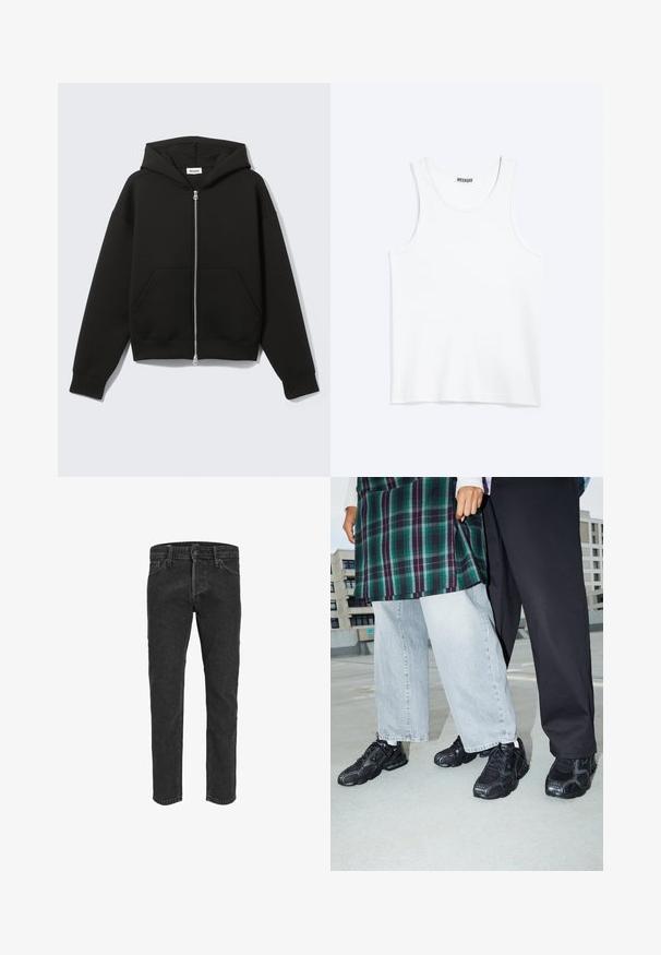 Sort lynlås-hoodie med fastgjort hætte og forreste kængurulommer, lagt fladt på en lys baggrund.; Hvid ærmeløs tanktop med rund halsudskæring og Weekday-mærke på den indvendige baghals, vist fladt på lys baggrund.; Sorte denimbukser med lige ben, fem lommer og bæltestropper, der har en let falmet tekstur og kontraststing. ; Sorte atletik sko med mesh- og gummidetaljer. Båret med lysegrå vide jeans og en ternet grøn bluse. Flad overflade i baggrunden.