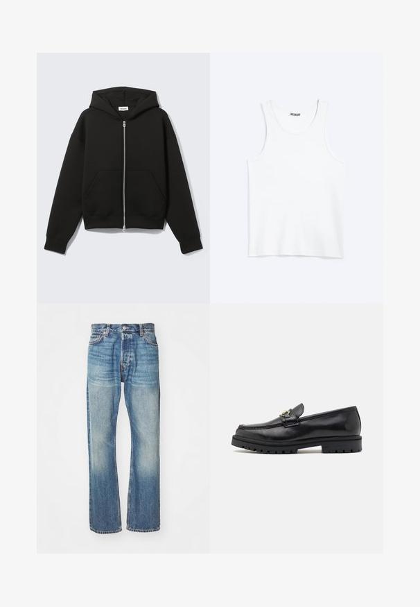 Sudadera negra con cremallera, capucha unida y bolsillos delanteros tipo canguro, extendida sobre un fondo claro.; Camiseta sin mangas blanca con cuello redondo y etiqueta de la marca Weekday en el interior del cuello trasero, mostrada plana sobre un fondo claro.; Jeans de mezclilla azul claro con un diseño clásico de pierna recta, acabado desgastado y costuras visibles en toda su extensión. Presenta bolsillos frontales y trabillas para cinturón.; Mocasines de cuero negro con un acabado suave, punta redonda, una tira decorativa con herraje dorado y una suela negra robusta.