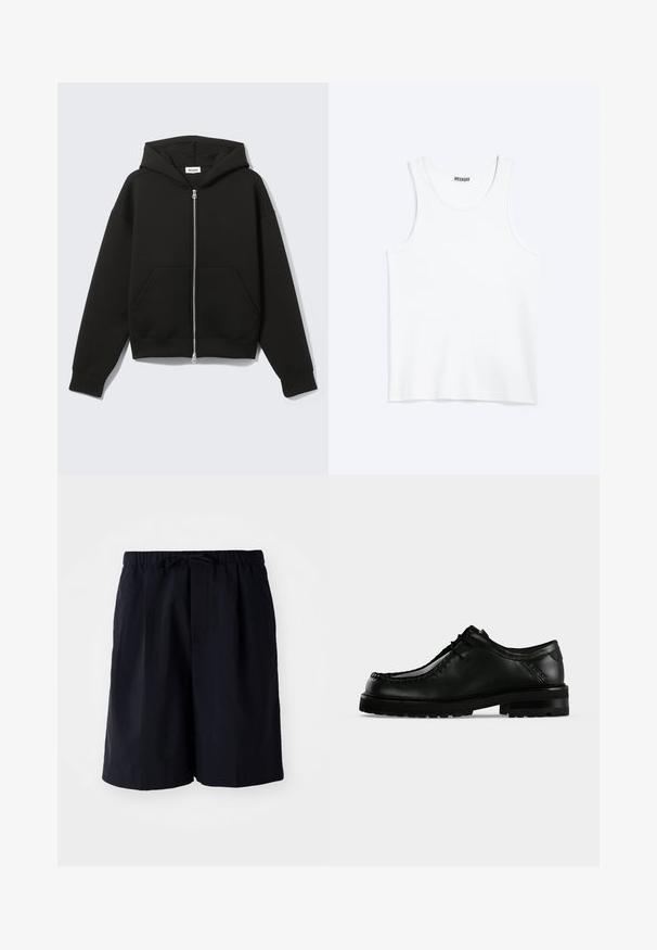 Sweat à capuche zippé noir avec capuche fixée et poches kangourou devant, posé à plat sur un fond clair.; Débardeur blanc sans manches avec col rond et étiquette de la marque Weekday à l'intérieur du col arrière, présenté à plat sur un fond clair.; Shorts bleu marine en tissu léger, dotés d'une taille élastique avec cordon de serrage et de deux poches latérales, coupe droite.; Chaussure en cuir noir à lacets avec semelle épaisse en caoutchouc et couture moc toe, vue de profil gauche sur fond clair uni.