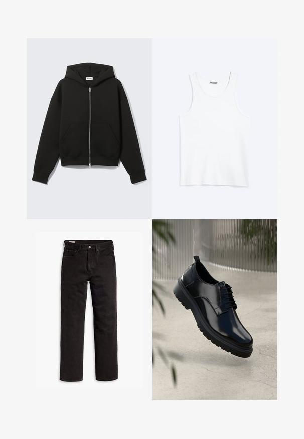 Sweat à capuche zippé noir avec capuche fixée et poches kangourou devant, posé à plat sur un fond clair.; Débardeur blanc sans manches avec col rond et étiquette de la marque Weekday à l'intérieur du col arrière, présenté à plat sur un fond clair.; Jean en denim noir à jambes droites avec cinq poches, fermeture à bouton et passants de ceinture, posés à plat sur un fond blanc.; Chaussure en cuir noir avec une finition brillante, bout rond, design à lacets, surpiqûres contrastantes, et semelle épaisse en caoutchouc avec motifs de relief.