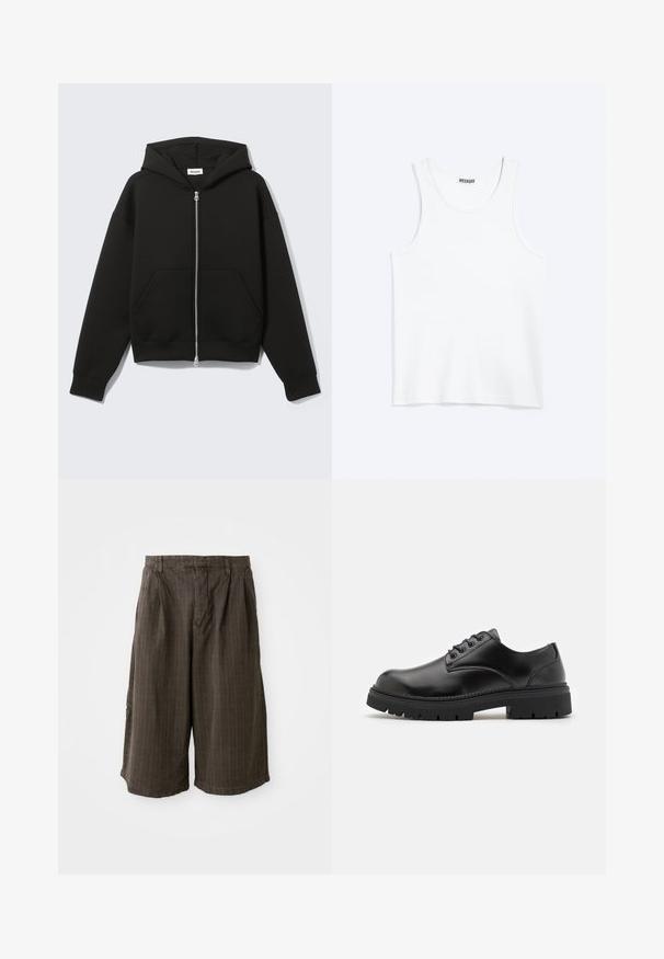 Schwarzer Zip-Hoodie mit angenähter Kapuze und vorderen Kängurutaschen, flach auf hellem Hintergrund liegend.; Weißes ärmelloses Tanktop mit rundem Ausschnitt und Weekday-Markenetikett auf der Innenseite des hinteren Kragens, flach auf hellem Hintergrund dargestellt.; Braun gestreifte Shorts mit lockerer Passform. Aus leichtem Stoff gefertigt, mit Falten und einem umgeschlagenen Saum für zusätzliche Details.; Schwarze Lederschuhe mit runder Zehenform, Schnürdesign und einer dicken, strukturierten Gummisohle. Sie verfügen über eine Naht entlang des Randes und haben eine glatte Oberfläche.