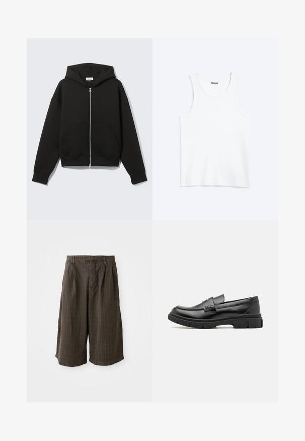 Sweat à capuche zippé noir avec capuche fixée et poches kangourou devant, posé à plat sur un fond clair.; Débardeur blanc sans manches avec col rond et étiquette de la marque Weekday à l'intérieur du col arrière, présenté à plat sur un fond clair.; Shorts à rayures marron avec une coupe ample. Fabriqués en tissu léger, ils présentent des plis et un ourlet à revers pour plus de détails.; Mocassin en cuir noir avec une large sangle sur le devant, semelle en caoutchouc à épaisse rainure, et texture lisse. Design classique et élégant.
