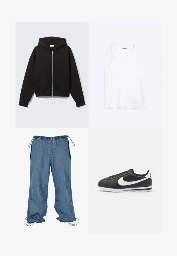 Sudadera negra con cremallera, capucha unida y bolsillos delanteros tipo canguro, extendida sobre un fondo claro.; Camiseta sin mangas blanca con cuello redondo y etiqueta de la marca Weekday en el interior del cuello trasero, mostrada plana sobre un fondo claro.; Pantalones de mezclilla azul claro con cintura elástica, puños con cordón y bolsillos laterales. La tela parece suave con una textura ligeramente descolorida.; Zapatilla de cuero negro con un swoosh y acentos en blanco. Presenta una punta redondeada, cierre con cordones y una suela de goma blanca texturizada.