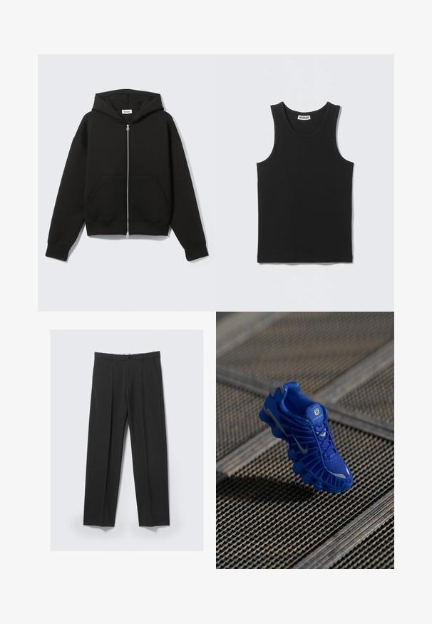 Sweat à capuche zippé noir avec capuche fixée et poches kangourou devant, posé à plat sur un fond clair.; Débardeur noir sans manches en côtes, col rond et étiquette de la marque Weekday à l'intérieur du col au dos.; Pantalon noir ajusté avec plis avant, poches latérales, passants de ceinture et fermeture par bouton à la taille sur un fond clair.; Basket de sport bleue avec une tige en mesh, un design texturé et une semelle proéminente dotée d'éléments d'amorti distincts et d'accents réfléchissants.
