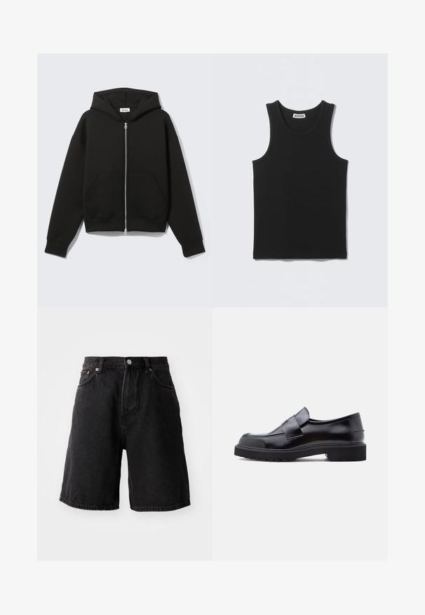 Sweat à capuche zippé noir avec capuche fixée et poches kangourou devant, posé à plat sur un fond clair.; Débardeur noir sans manches en côtes, col rond et étiquette de la marque Weekday à l'intérieur du col au dos.; Shorts en denim noir à coupe loose, avec des accessoires en cuivre, cinq poches et un ourlet droit. Le tissu a une surface douce et texturée.; Chaussure noire en cuir à enfiler avec un design épuré, bout rond et semelle épaisse en caoutchouc texturé. Présente une sangle décorative à l'avant.