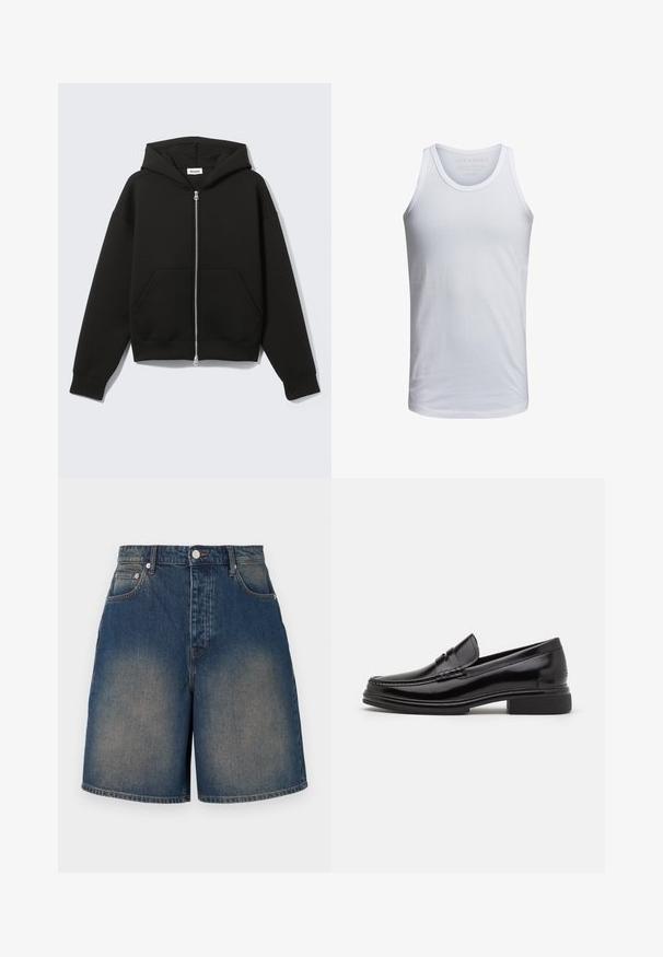 Sort lynlås-hoodie med fastgjort hætte og forreste kængurulommer, lagt fladt på en lys baggrund.; Hvid bomulds tank top med rund halsudskæring, brede skulderstropper og minimal branding trykt indeni kraven. Blød tekstur, afslappet pasform.; Denimshorts i mellemblå med en falmet vask. Har høj talje, fem lommer og en lige ben design. Metalknaplukning.; Sorte læder loafers med en rund tå, der har en syet detalje over vristen og en lav blokhæl. Glat tekstur og blank finish.