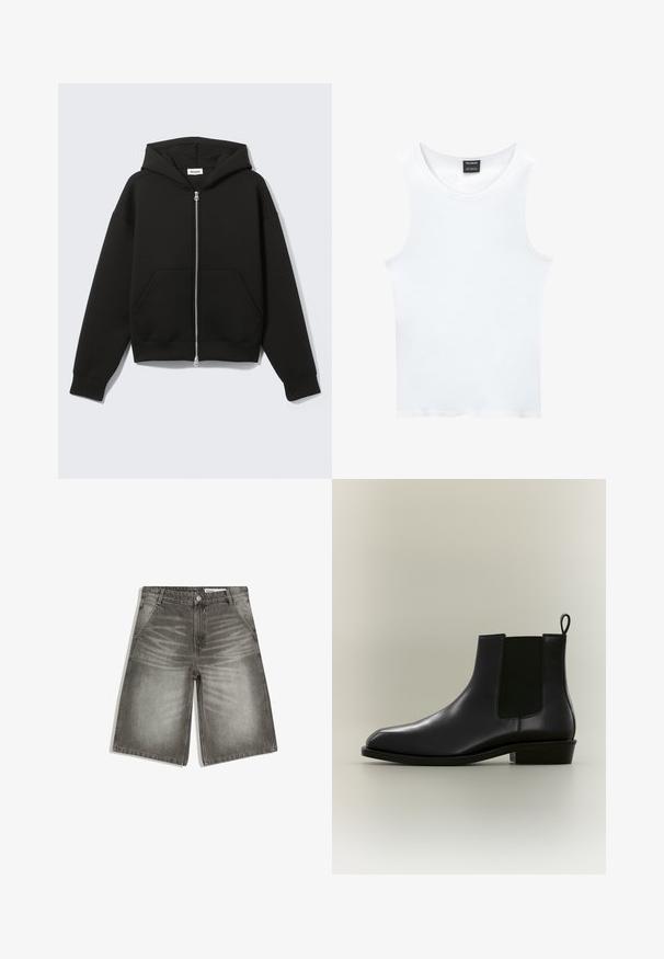 Sweat à capuche zippé noir avec capuche fixée et poches kangourou devant, posé à plat sur un fond clair.; Débardeur blanc sans manches en coton côtelé. Présente un col rond et une texture lisse. L'étiquette indique "PULL&BEAR."; Shorts en denim gris avec poches avant, fermeture par boutons, passants pour ceinture, et détails décolorés sur les cuisses et près de la fermeture éclair.; Botte Chelsea en cuir noir avec panneau latéral élastique, languette au talon, petit talon bloc et bout pointu sur fond uni.