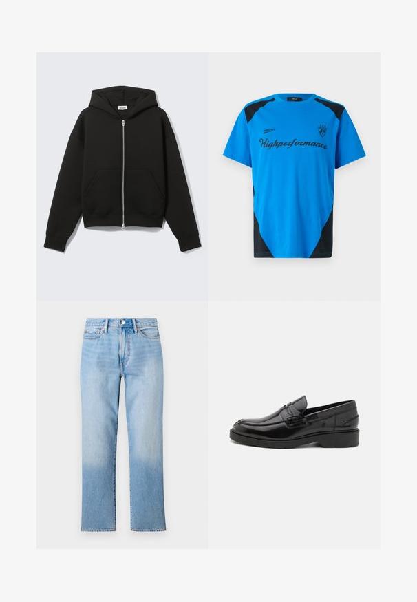 Zwarte hoodie met rits, vastgenaadde kap en voorzakken in kangoeroestijl, plat uitgespreid op een lichte achtergrond.; Replay SHORT SLEEVE GRAPHIC - T-shirt print - azzurro; Lichtblauwe denim jeans met een recht model, voorzien van een vervaagde wassing, standaard vijf-pocket styling en een klassieke knoopsluiting.; Zwarte leren instappers met een gladde afwerking, ronde neus, lage hak en decoratieve stiksels aan de voorkant. Rubberen buitenzool voor grip.