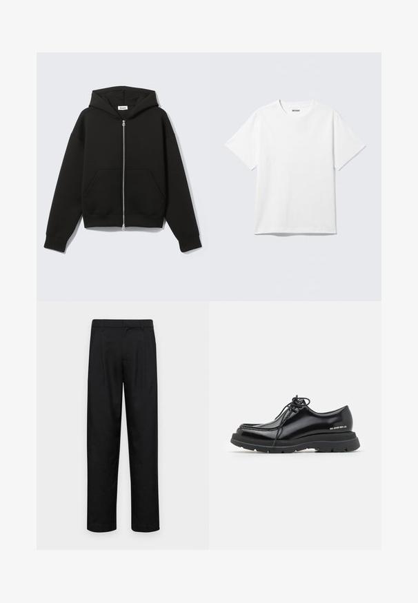 Sort lynlås-hoodie med fastgjort hætte og forreste kængurulommer, lagt fladt på en lys baggrund.; Hvid kortærmet crewneck T-shirt lagt fladt ud, ensfarvet design, med "WEEKDAY" mærkat inde i kraven på en lys baggrund.; Sorte bukser lavet af glat stof, med et lige ben-design, to frontfolder og en standard talje med bæltestropper.; Sorte læder dressko med rund tå, tyk gummisål, snørebåndsdesign og markant syning langs kanten.