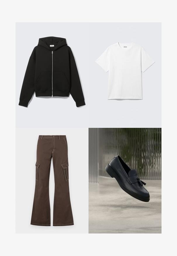 Sweat à capuche zippé noir avec capuche fixée et poches kangourou devant, posé à plat sur un fond clair.; T-shirt blanc à manches courtes et col rond, étalé à plat, design uni, avec l'étiquette "WEEKDAY" à l'intérieur du col sur un fond clair.; Pantalons cargo marron avec des jambes évasées, dotés de poches latérales, d'accents de couture blanche et d'une fermeture à bouton en métal.; Mocassins en cuir noir avec une texture lisse, un bout arrondi et des pampilles décoratives à l'avant. Semelle en caoutchouc flexible avec un petit talon.