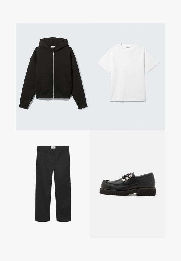 Sort lynlås-hoodie med fastgjort hætte og forreste kængurulommer, lagt fladt på en lys baggrund.; Hvid kortærmet crewneck T-shirt lagt fladt ud, ensfarvet design, med "WEEKDAY" mærkat inde i kraven på en lys baggrund.; Sorte chinos lavet af glat bomuldsstof. Har en knaplukning, forlommer og et lige ben-design med rene kanter.; Sorte læder loafers med rund tå, der har tre metalliske detaljer og en tekstureret sål for godt greb. Glat overdel og syet detalje.