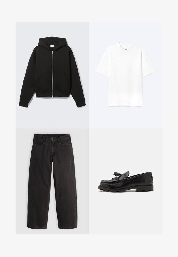 Sweat à capuche zippé noir avec capuche fixée et poches kangourou devant, posé à plat sur un fond clair.; T-shirt blanc uni à manches courtes et col rond avec une coupe décontractée, présenté sur un fond clair.; Jean denim noir à coupe droite, cinq poches et passants pour ceinture, présenté à plat sur un fond clair uni.; Mocassin en cuir noir avec un design de loafer, featuring un frange décoratif et un gland, une surface texturée et une semelle en caoutchouc épaisse.