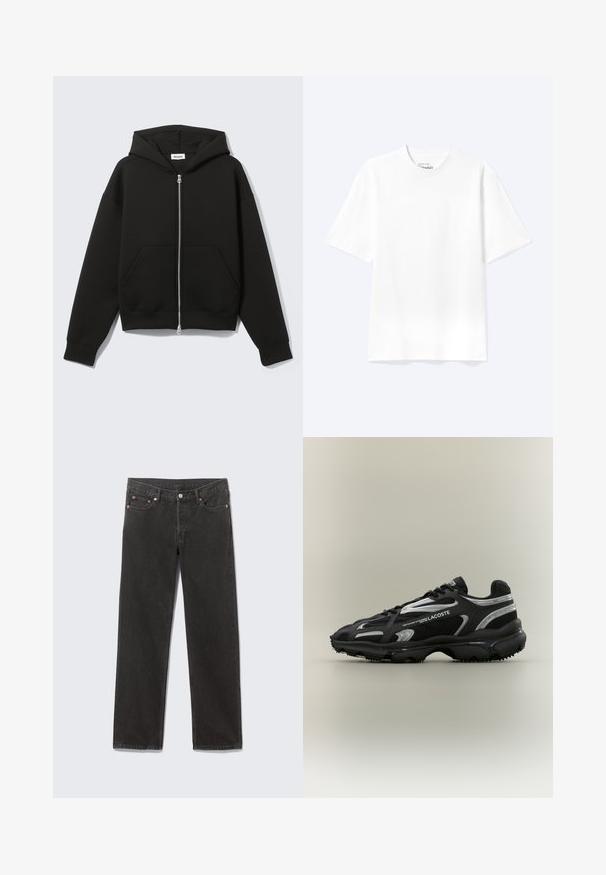 Zwarte hoodie met rits, vastgenaadde kap en voorzakken in kangoeroestijl, plat uitgespreid op een lichte achtergrond.; Effen witte T-shirt met korte mouwen en ronde hals, met een losse pasvorm, weergegeven op een lichte achtergrond.; Zwarte denim jeans met rechte pijpen, voorzakken, riemlussen en knoopsluiting, plat gelegd op een grijze achtergrond.; Zwarte en zilveren Lacoste-sneaker met een bovenwerk van mesh en synthetisch materiaal, ronde neus, gestructureerde zool en merkdetails aan de zijkant op een neutrale achtergrond.