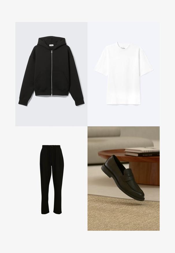 Sweat à capuche zippé noir avec capuche fixée et poches kangourou devant, posé à plat sur un fond clair.; T-shirt blanc uni à manches courtes et col rond avec une coupe décontractée, présenté sur un fond clair.; Pantalons noirs à côtes avec une taille élastique, dotés d'un cordon de serrage et de jambes larges. Le tissu est doux avec une texture lisse.; Chaussure mocassin en cuir noir présentée en suspension au-dessus d'un tapis beige tissé, avec une table en bois et des livres empilés dans un salon doucement éclairé.