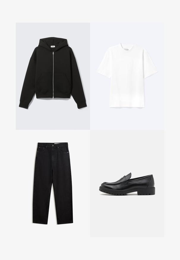 Sweat à capuche zippé noir avec capuche fixée et poches kangourou devant, posé à plat sur un fond clair.; T-shirt blanc uni à manches courtes et col rond avec une coupe décontractée, présenté sur un fond clair.; Pantalons en denim noir à coupe évasée. Comprend cinq poches, fermeture à bouton en métal et coutures contrastées. Texture lisse, design minimaliste.; Mocassins en cuir noir avec un bout arrondi, un design à enfiler et une semelle en caoutchouc épaisse avec une texture antidérapante. Talon surélevé et détails de surpiqûre subtils.