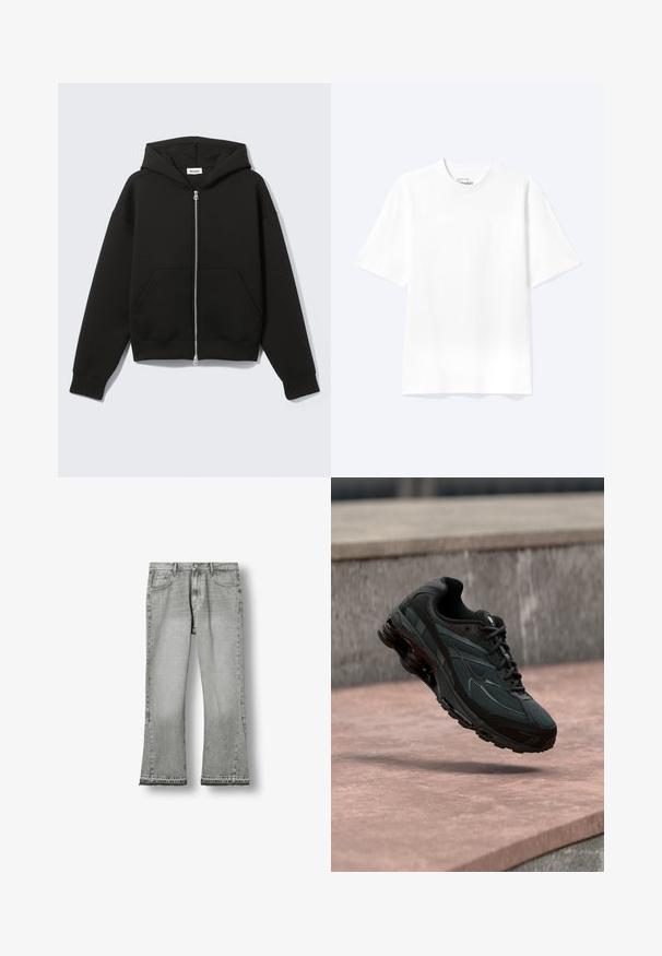 Sweat à capuche zippé noir avec capuche fixée et poches kangourou devant, posé à plat sur un fond clair.; T-shirt blanc uni à manches courtes et col rond avec une coupe décontractée, présenté sur un fond clair.; Jean gris à jambes larges avec poches avant et arrière, passants de ceinture, fermeture par bouton et ourlet brut.; Baskets athlétiques noires avec une semelle intercalaire à coussin d’air visible flottant au-dessus d’une surface en pierre rose avec un mur en pierre gris en arrière-plan.
