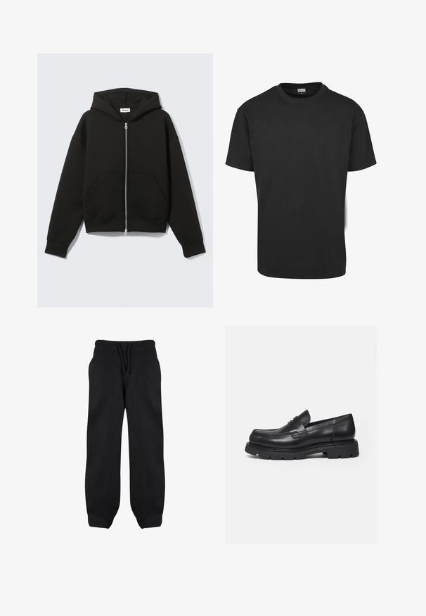 Sudadera negra con cremallera, capucha unida y bolsillos delanteros tipo canguro, extendida sobre un fondo claro.; Camiseta negra de algodón con mangas cortas, cuello redondo y un ajuste estándar. La tela parece suave y sin adornos.; Pantalones de chándal negros con cintura elástica, cordón y bolsillos laterales. Fabricados con una tela suave, tienen un corte holgado y tobillos ajustados.; Mocasín negro de cuero con suela gruesa y acanalada y detalle de tira para moneda, mostrado en perfil lateral derecho sobre fondo blanco.