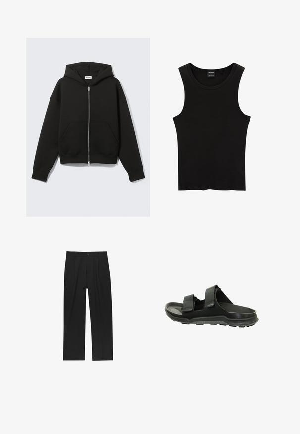 Sort lynlås-hoodie med fastgjort hætte og forreste kængurulommer, lagt fladt på en lys baggrund.; Sort ribbet tanktop med rund halsudskæring og brede ærmegab, lavet af en blød, strækbar stof. Mærke: Pull&Bear.; Sorte bukser med lige ben, lavet af et glat stof. Har frontfolder og en enkelt knaplukning i taljen.; Sorte sandaler har to justerbare stropper, et struktureret ydermateriale og en polstret sål med en skridsikker bund for godt fodfæste.