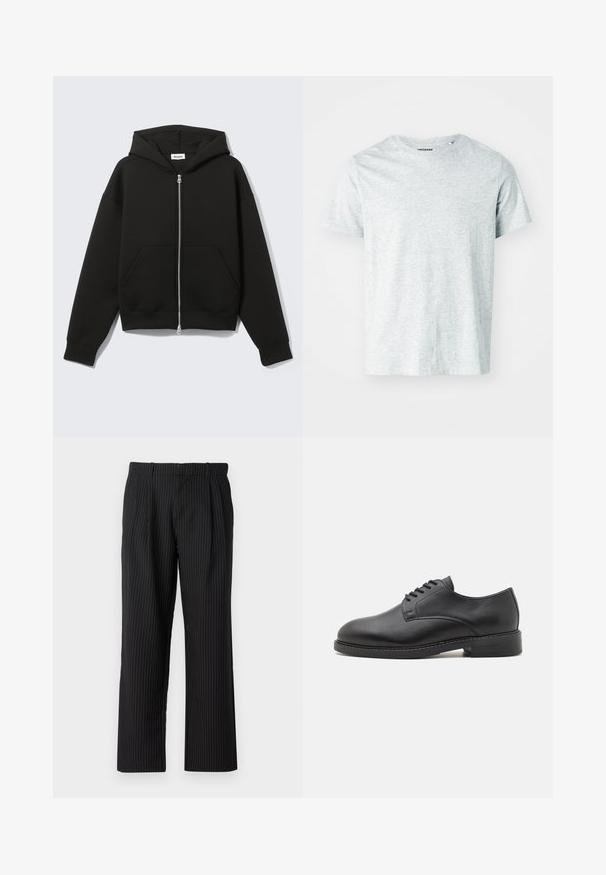 Sweat à capuche zippé noir avec capuche fixée et poches kangourou devant, posé à plat sur un fond clair.; T-shirt gris clair à manches courtes en tissu doux, avec un col rond et une coupe légèrement décontractée. Aucun motif ou graphique visible.; Jack & Jones JPSTBILL JJDAYTONA WIDE CHINO - Chino - black; Chaussure oxford en cuir noir avec un bout rond, présentant une finition lisse, un laçage à cinq œillets et un petit talon empilé.
