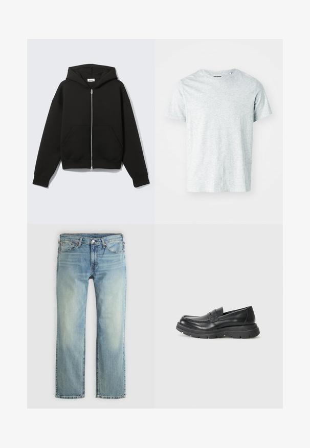 Sweat à capuche zippé noir avec capuche fixée et poches kangourou devant, posé à plat sur un fond clair.; T-shirt gris clair à manches courtes en tissu doux, avec un col rond et une coupe légèrement décontractée. Aucun motif ou graphique visible.; Jean denim bleu clair avec une coupe droite. Comprend cinq poches, un bouton en métal et des surpiqûres orange. Finition délavée.; Chaussure noire en cuir à enfiler avec un design mocassin, embout arrondi, semelle en caoutchouc épaisse et subtil détail de couture sur la partie supérieure.