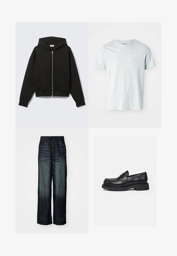 Sweat à capuche zippé noir avec capuche fixée et poches kangourou devant, posé à plat sur un fond clair.; T-shirt gris clair à manches courtes en tissu doux, avec un col rond et une coupe légèrement décontractée. Aucun motif ou graphique visible.; Pantalons larges en denim foncé avec une décoloration graduelle. Dotés d'une taille élastique avec un cordon de serrage. Texture lisse avec des motifs d'usure subtils.; Mocassin en cuir noir avec semelle épaisse crantée et détail de bride penny, présenté en profil droit sur fond blanc.