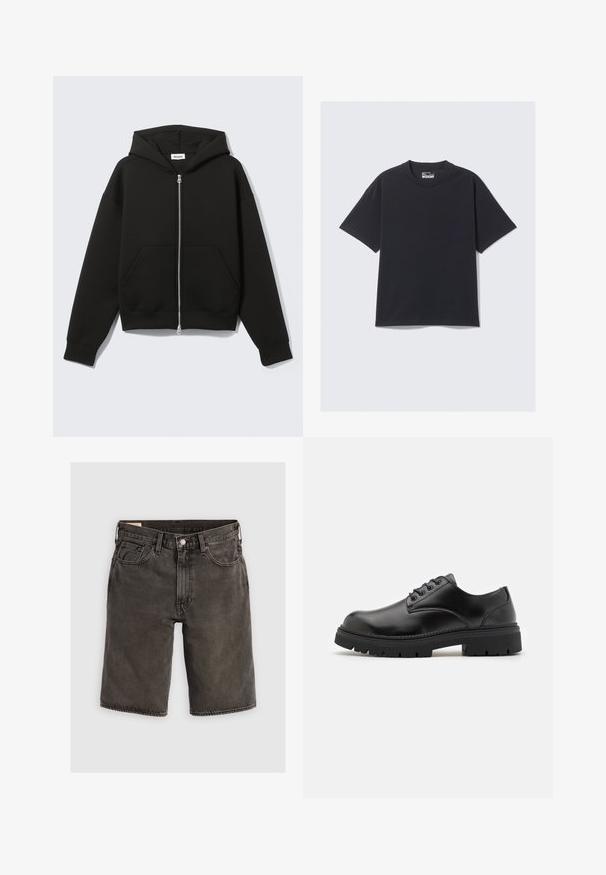 Schwarzer Zip-Hoodie mit angenähter Kapuze und vorderen Kängurutaschen, flach auf hellem Hintergrund liegend.; Schwarzes Baumwoll-T-Shirt mit klassischem Rundhalsausschnitt, kurzen Ärmeln und lockerer Passform. Glatte Textur mit minimalen Nähten.; Dunkelgraue Jeansshorts mit regulärer Passform, ausgestattet mit fünf Taschen, einem Knopfverschluss und einem strukturierten Bund. Weicher Stoff, klares Design.; Schwarze Lederschuhe mit runder Zehenform, Schnürdesign und einer dicken, strukturierten Gummisohle. Sie verfügen über eine Naht entlang des Randes und haben eine glatte Oberfläche.