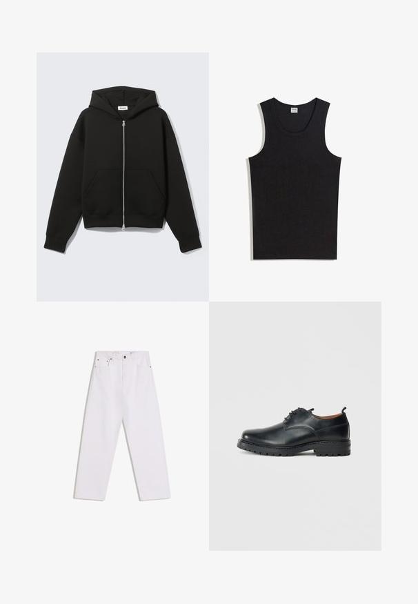 Sweat à capuche zippé noir avec capuche fixée et poches kangourou devant, posé à plat sur un fond clair.; Débardeur noir en coton, doté d'un col rond et d'une coupe sans manches. Texture lisse sans motifs ni accents visibles.; Jean blanc droit avec cinq poches, passants pour ceinture, et fermeture à bouton et glissière à l'avant sur un fond uni.; Chaussures derby en cuir noir avec une texture lisse, bout rond, design à lacets et une semelle en caoutchouc épaisse et robuste.