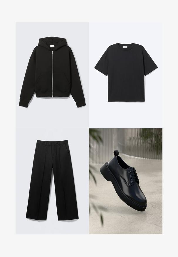 Sudadera negra con cremallera, capucha unida y bolsillos delanteros tipo canguro, extendida sobre un fondo claro.; Camiseta negra de manga corta con cuello redondo, ajuste relajado, vista frontal, diseño sencillo y etiqueta visible de la marca Weekday en el interior del cuello.; Pantalones negros de pierna ancha con trabillas para cinturón, bolsillos delanteros y cierre de cremallera, exhibidos sobre un fondo gris claro.; Zapato de piel negra con punta redondeada, diseño con cordones y suela de goma gruesa con un borde texturizado. Acabado elegante y hardware minimalista.